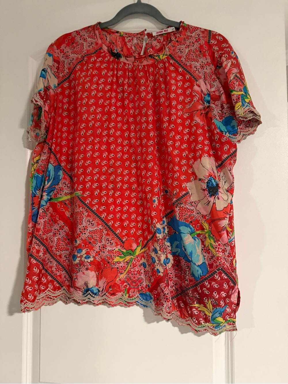 Johnny Was Martha Lisa Women's 100% Silk Floral Red Short-Sleeve Top, size L